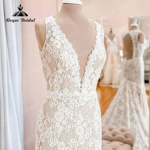 Vestido de novia NumberSea con escote profundo en V, mangas de encaje sin tirantes, espalda abierta, estilo sirena/trompeta, cola barrida 2025, vestido de novia sexy para boda en la playa