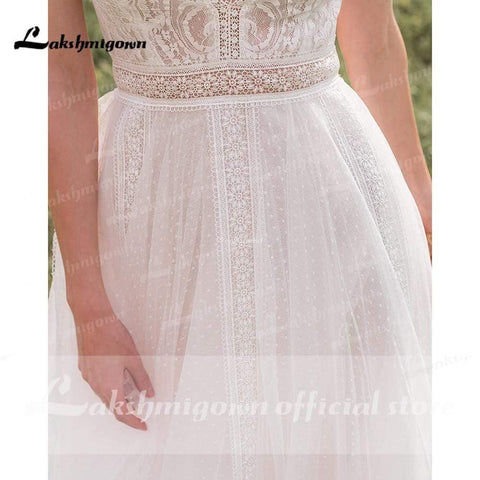 NumberSea Tiefer V-Ausschnitt Spitzenoberteil Chiffon Brautkleider Kurzarm