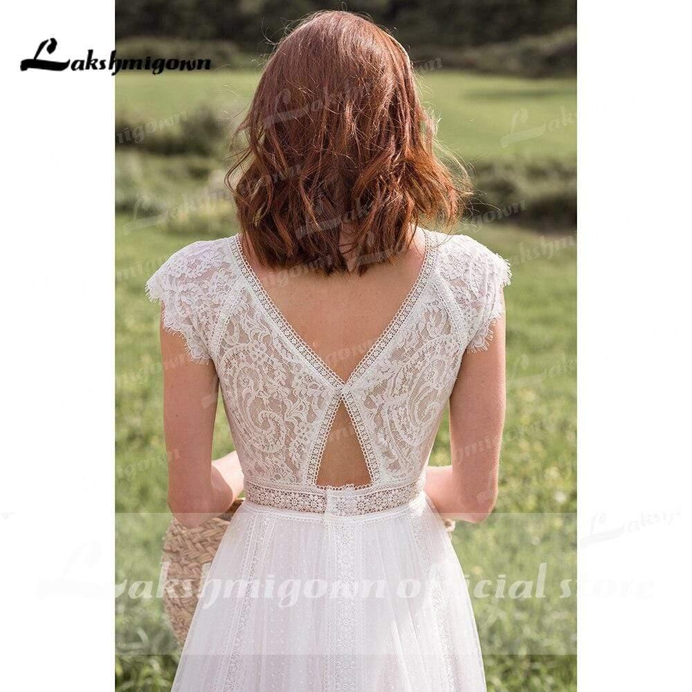 NumberSea Deep V Neck Lace Top Chiffon Wedding Dresses Short Sleeve