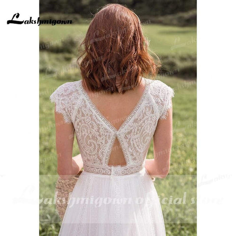 NumberSea Tiefer V-Ausschnitt Spitzenoberteil Chiffon Brautkleider Kurzarm
