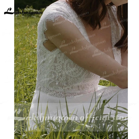 NumberSea Tiefer V-Ausschnitt Spitzenoberteil Chiffon Brautkleider Kurzarm
