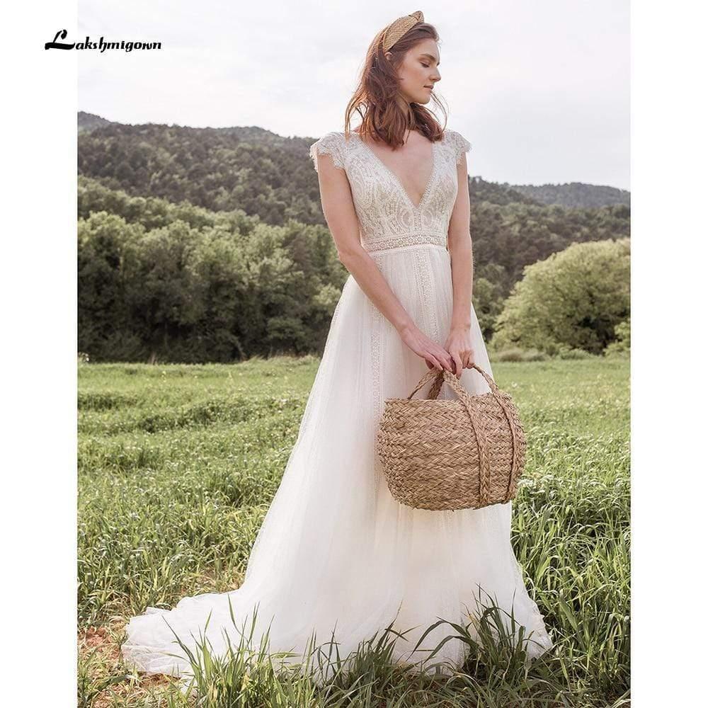 NumberSea Deep V Neck Lace Top Chiffon Wedding Dresses Short Sleeve