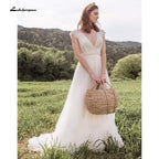 NumberSea Deep V Neck Lace Top Chiffon Wedding Dresses Short Sleeve