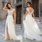 NumberSea Deep V Neck Sleeve Sexy Lace Chiffon High Split Wedding Dresses