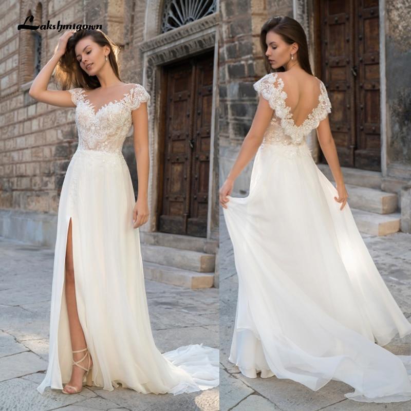 NumberSea Deep V Neck Sleeve Sexy Lace Chiffon High Split Wedding Dresses