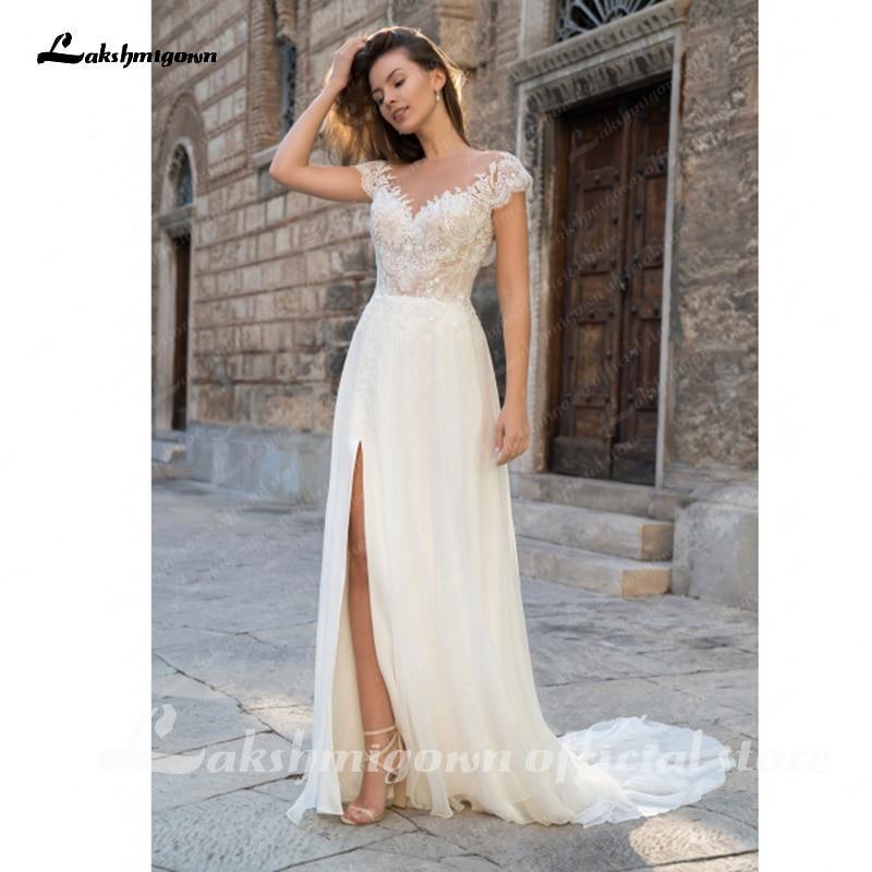 NumberSea Deep V Neck Sleeve Sexy Lace Chiffon High Split Wedding Dresses