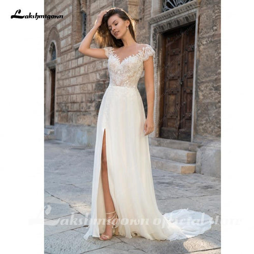 NumberSea Robe de mariée profonde en V manches sexy en dentelle et mousseline avec fente haute
