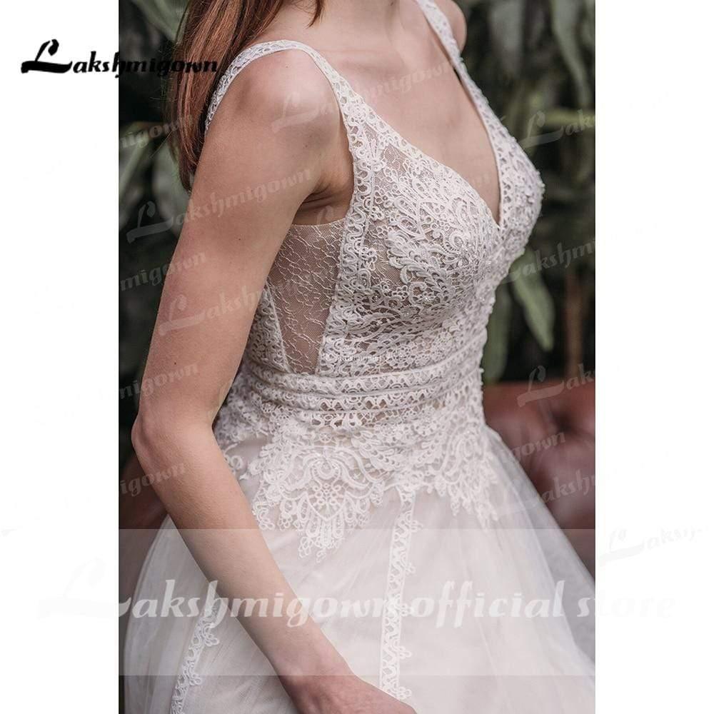 NumberSea Deep V Neck Sleeveless Backless Lace Tulle Wedding Dresses