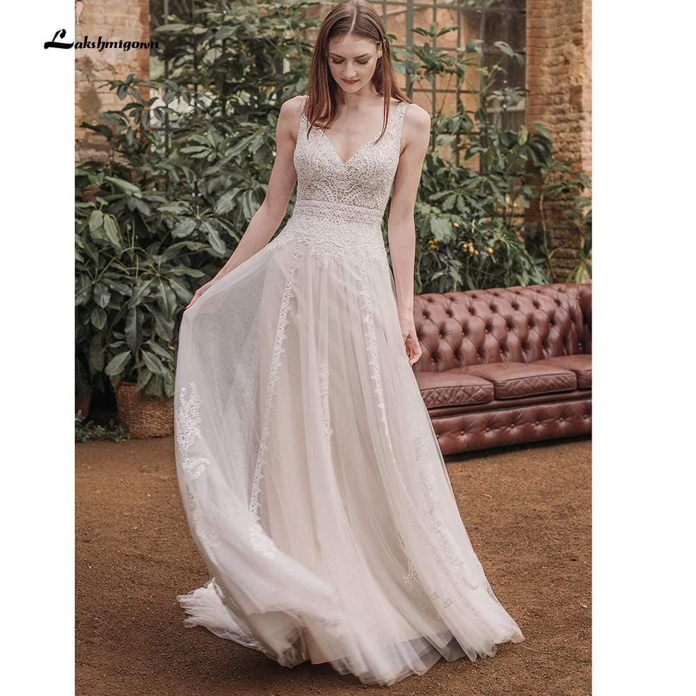 NumberSea Deep V Neck Sleeveless Backless Lace Tulle Wedding Dresses