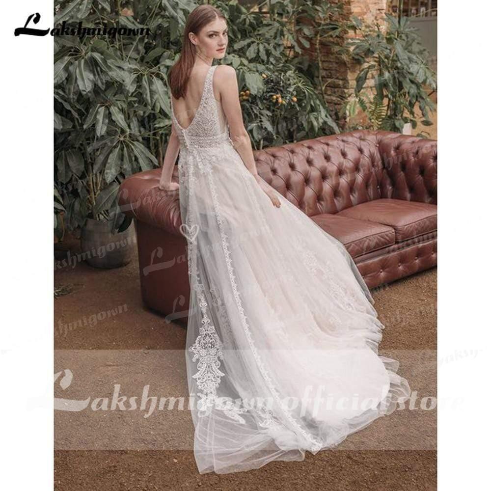 NumberSea Deep V Neck Sleeveless Backless Lace Tulle Wedding Dresses