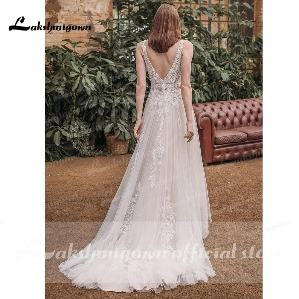 NumberSea Deep V Neck Sleeveless Backless Lace Tulle Wedding Dresses