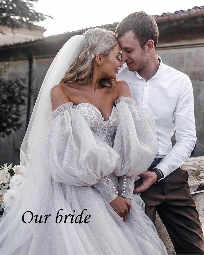 NumberSea Dirty Pink Boho Wedding Dress 2021 Detachable Puff Sleeve Bridal Dresses Glitter Sparky Lace Wedding Gowns Beach Sweetheart