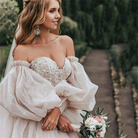 NumberSea Dirty Pink Boho Hochzeitskleid 2021 Abnehmbare Puffärmel Brautkleider Glitzer Sparky Lace Brautkleider Strand Sweetheart