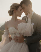 NumberSea Dirty Pink Boho Wedding Dress 2021 Detachable Puff Sleeve Bridal Dresses Glitter Sparky Lace Wedding Gowns Beach Sweetheart