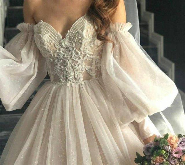 NumberSea Dirty Pink Boho Wedding Dress 2021 Detachable Puff Sleeve Bridal Dresses Glitter Sparky Lace Wedding Gowns Beach Sweetheart