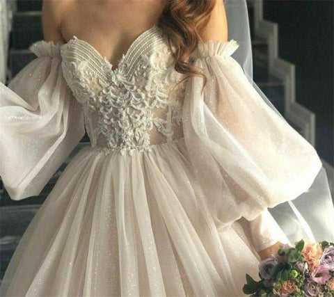 NumberSea Dirty Pink Boho Hochzeitskleid 2021 Abnehmbare Puffärmel Brautkleider Glitzer Sparky Lace Brautkleider Strand Sweetheart