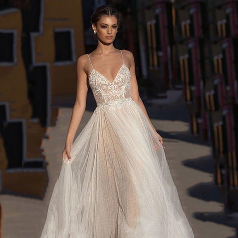 NumberSea Eightree Strandhochzeitskleid Boho Vestido de Noiva Böhmisches Spitzenbrautkleid Rückenfrei Spaghettiträger V-Ausschnitt Brautkleider