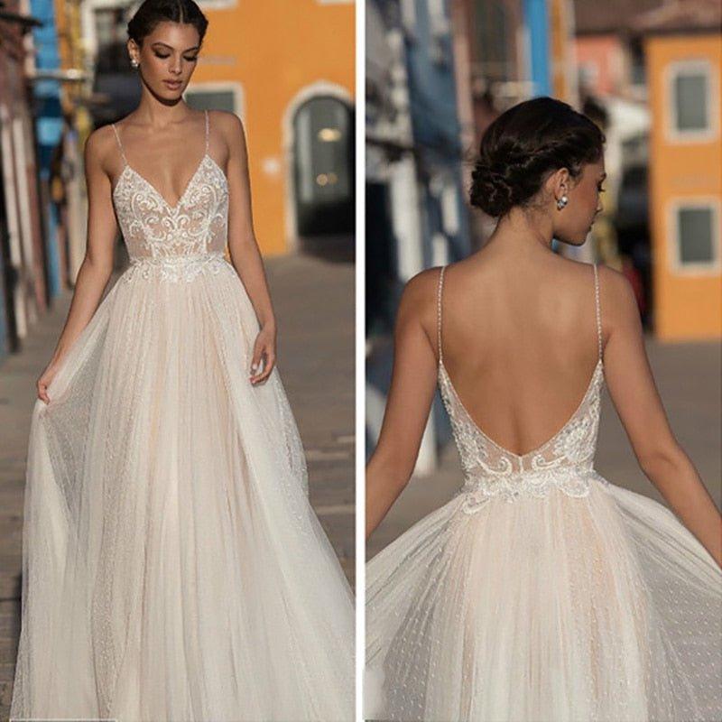 NumberSea Eightree Beach Wedding Dress Boho vestido de noiva Bohemian Lace Bridal Dress Backless Spaghetti Straps V Neck Wedding Gowns