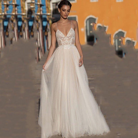 NumberSea Eightree Strandhochzeitskleid Boho Vestido de Noiva Böhmisches Spitzenbrautkleid Rückenfrei Spaghettiträger V-Ausschnitt Brautkleider