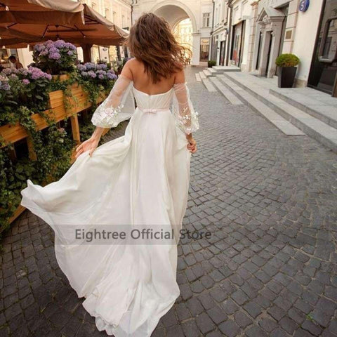 NumberSea Eightree Sexy Sommer Brautkleider 2021 Spitze Chiffon Braut Kleid Puff Sleeve Split Side Bow Strand Brautkleider Frauen Billig