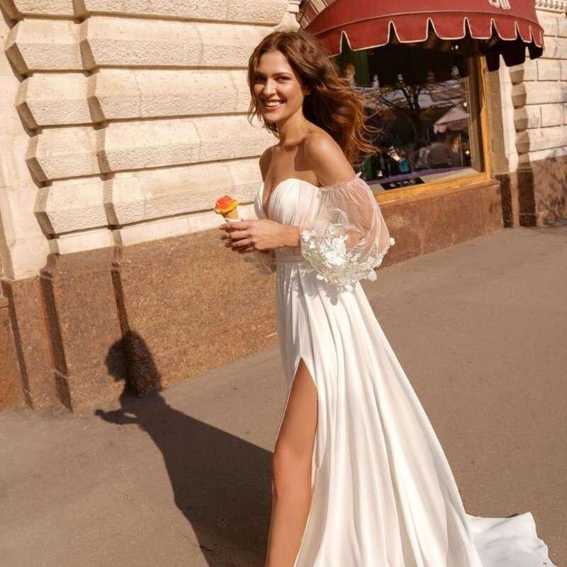 NumberSea Eightree Sexy Summer Wedding Dresses 2021 Lace Chiffon Bride Dress Puff Sleeve Split Side Bow Beach Wedding Gowns Women Cheap