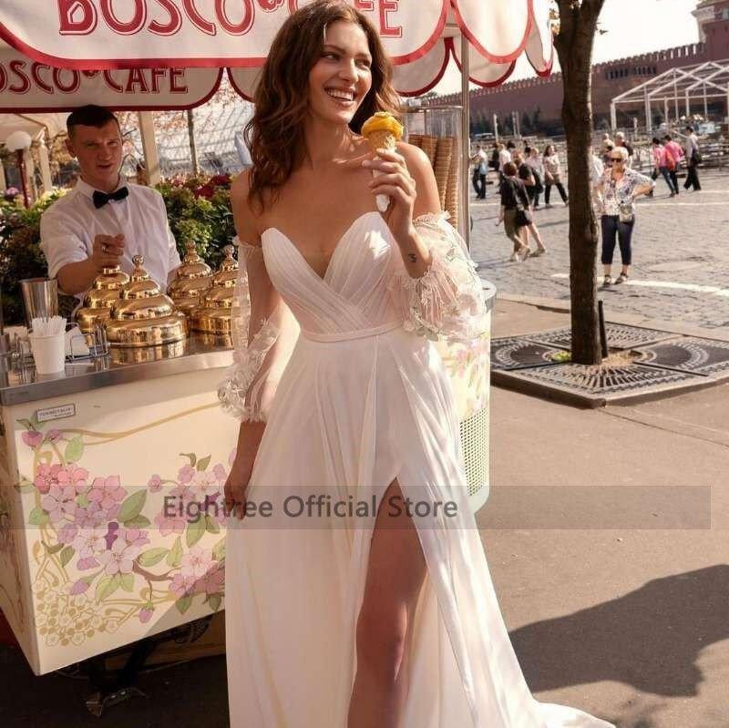 NumberSea Eightree Sexy Summer Wedding Dresses 2021 Lace Chiffon Bride Dress Puff Sleeve Split Side Bow Beach Wedding Gowns Women Cheap