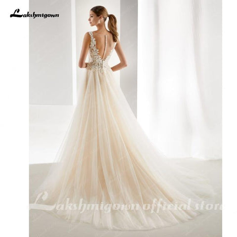 NumberSea Elegante A-Linie Brautkleider in Champagner mit Applikationen