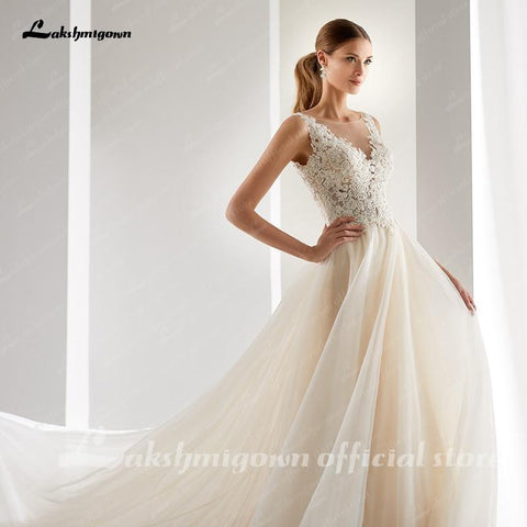 NumberSea Elegante A-Linie Brautkleider in Champagner mit Applikationen