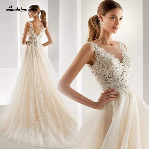 NumberSea Elegante A-Linie Brautkleider in Champagner mit Applikationen