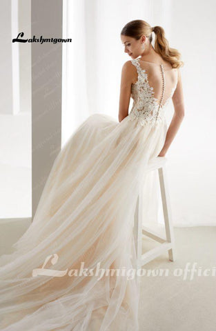 NumberSea Elegante A-Linie Brautkleider in Champagner mit Applikationen