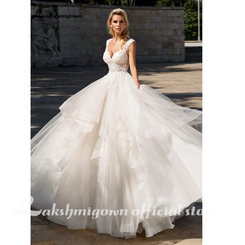 NumberSea Elegant A-Line Ruffles Beach Champagne Wedding Dresses Deep V neck