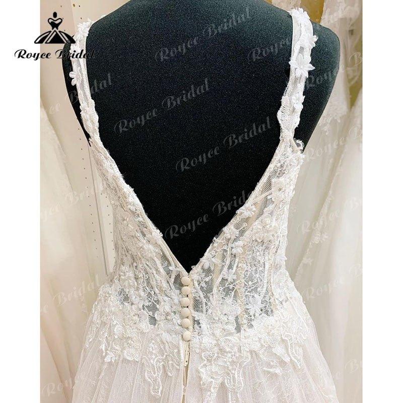 NumberSea Elegant A Line Spaghetti Straps Wedding Dress Lace Floral 3D Flowers Backless V Neck Bridal Gown vestido de novia robe femme