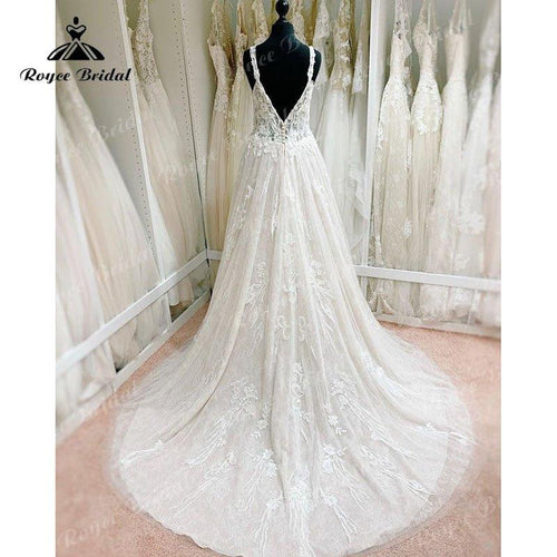 NumberSea Élégante Robe de Mariée Ligne A Bretelles Spaghetti Dentelle Florale Fleurs 3D Dos Nu Encolure en V Robe de Mariée pour Femme