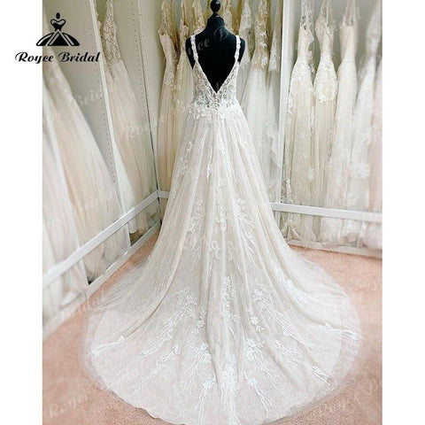 NumberSea Elegantes A-Linie Spaghettiträger Brautkleid Lace Floral 3D Blumen Rückenfrei V-Ausschnitt Brautkleid Vestido de Novia Robe Femme 