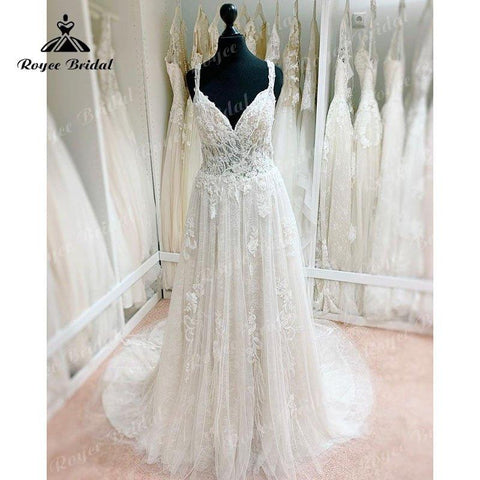 NumberSea Elegantes A-Linie Spaghettiträger Brautkleid Lace Floral 3D Blumen Rückenfrei V-Ausschnitt Brautkleid Vestido de Novia Robe Femme 