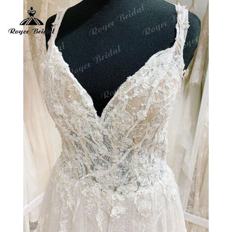 NumberSea Elegantes A-Linie Spaghettiträger Brautkleid Lace Floral 3D Blumen Rückenfrei V-Ausschnitt Brautkleid Vestido de Novia Robe Femme 