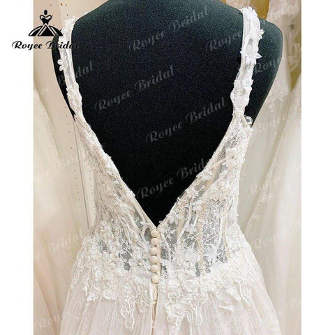 NumberSea Elegantes A-Linie Spaghettiträger Brautkleid Lace Floral 3D Blumen Rückenfrei V-Ausschnitt Brautkleid Vestido de Novia Robe Femme 
