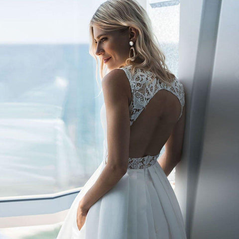 NumberSea Elegante A-Linie Tee Länge Brautkleider Jersey Falte V-Ausschnitt Applikationen Ärmellos Rückenfrei Brautkleider Vestido De Novia