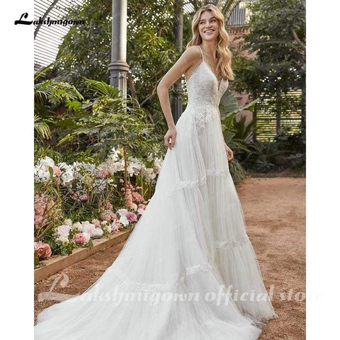 NumberSea Elegantes A-Linien-Brautkleid mit V-Ausschnitt und Spitze