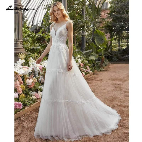 NumberSea Elegantes A-Linien-Brautkleid mit V-Ausschnitt und Spitze
