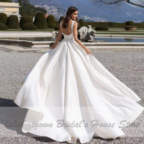 NumberSea Élégante Robe de Mariée Satinée Ligne A à Encolure en V avec Poches