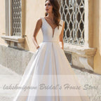 NumberSea Elegant A Line V Neck Satin Wedding Dresses with Pockets