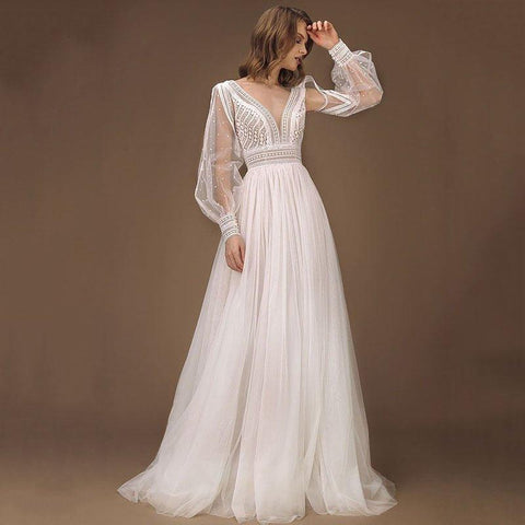 NumberSea Elegante Vestido de Noiva A-Line Mangas Bufantes Tule Boho Vestidos de Noiva Sexy Sem Costas Vestido de Noiva Princesa Vestido de Festa de Casamento