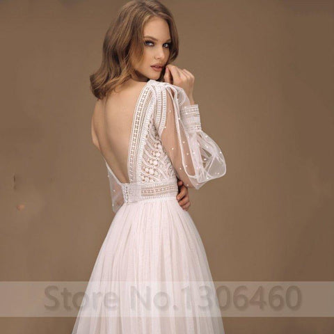 NumberSea Elegante Vestido de Noiva A-Line Mangas Bufantes Tule Boho Vestidos de Noiva Sexy Sem Costas Vestido de Noiva Princesa Vestido de Festa de Casamento