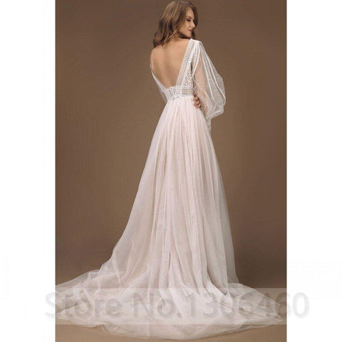 NumberSea Elegante Vestido de Noiva A-Line Mangas Bufantes Tule Boho Vestidos de Noiva Sexy Sem Costas Vestido de Noiva Princesa Vestido de Festa de Casamento