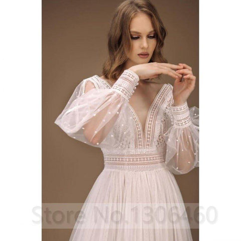 NumberSea Elegante Vestido de Noiva A-Line Mangas Bufantes Tule Boho Vestidos de Noiva Sexy Sem Costas Vestido de Noiva Princesa Vestido de Festa de Casamento