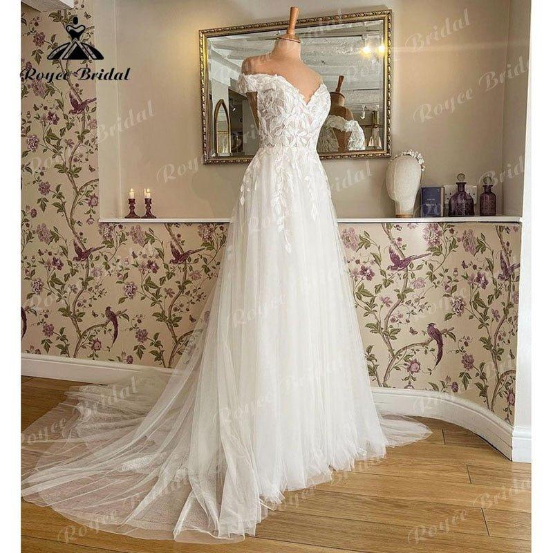 NumberSea Elegant Boho A Line Wedding Dress Off the Shoulder Lace Applique Cap Sleeve Bridal Gowns For Women vestido para boda playa 2022