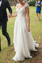 NumberSea Elegantes elfenbeinfarbenes Brautkleid mit Spitze und offenem Rücken und Flügelärmeln, MW170 