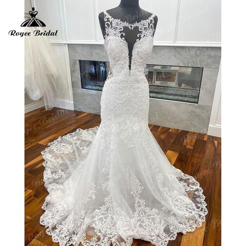 NumberSea Elegant Lace Appliques Mermaid/Trumpet Tulle O-Neck Wedding Dress Open Back Bridal Wedding Gowns vestido de casamento princesa