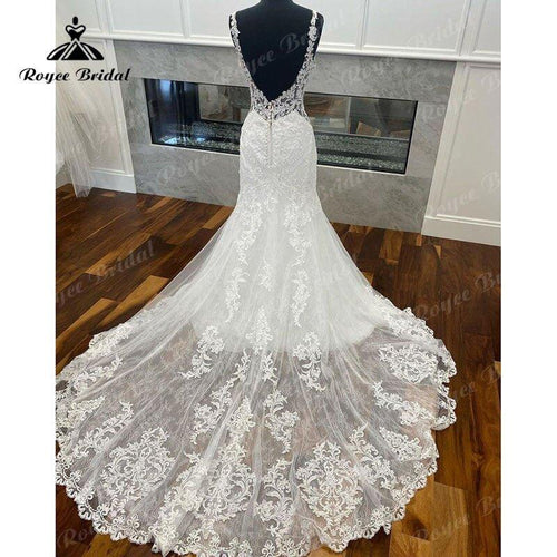 NumberSea Eleganckie Aplikacje Koronkowe Suknia Ślubna Syrenka/Trabka z Tiulu z Okrągłym Dekoltem i Odsłoniętym Tyłem Weselna Suknia Ślubna vestido de casamento princesa